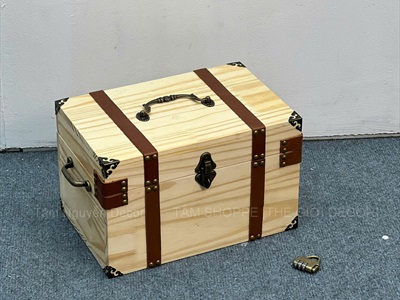 Rương gỗ viền da đinh tán 3 quai [03 Màu - Tặng ổ khóa] KT30x20x18cm RUONG-GO-04
